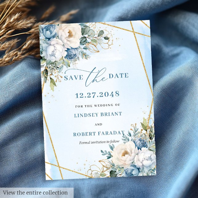 Moderne Dusty Blue White Gold Blume Save the Date Einladung (Modern Dusty Blue White Gold Flowers Save The Date)