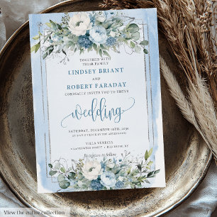 Moderne Dusty Blue White Silver Rose Hochzeit Einladung