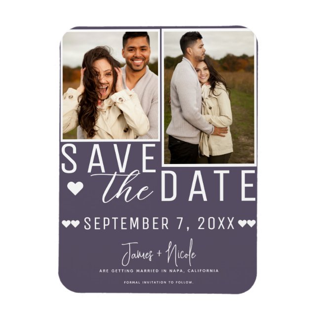 Moderne Dusty Lila Save the Date 2 Foto Hochzeit Magnet (Vertikal)