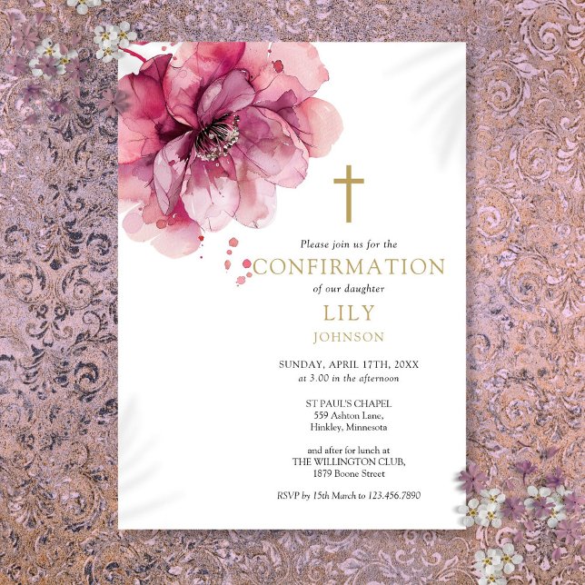 Moderne Dusty Rose Aquarellfarben Florenbestätigun Einladung (Modern Dusty Rose Watercolor Floral Confirmation Invitation)