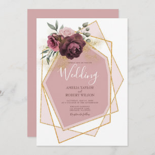 Moderne Dusty Rose Floral Gold Geometrie Einladung