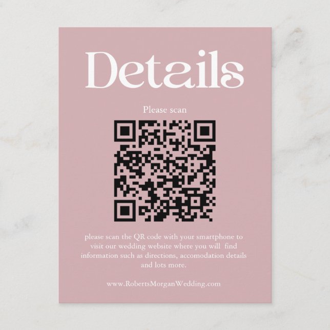Moderne Dusty Rose Hochzeitdetails QR-Code Begleitkarte (Vorderseite)