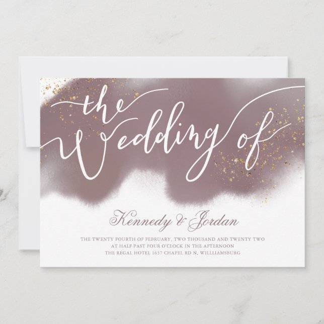 Moderne Dusty Rose Pink and Gold Script Wedding Einladung (Vorderseite)