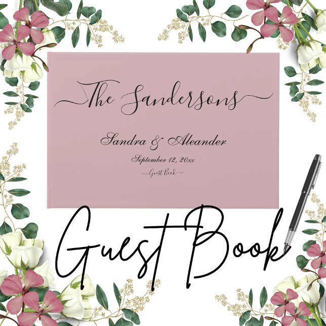 Moderne Dusty Rose Pink Black Script Hochzeit Gästebuch (Von Creator hochgeladen)