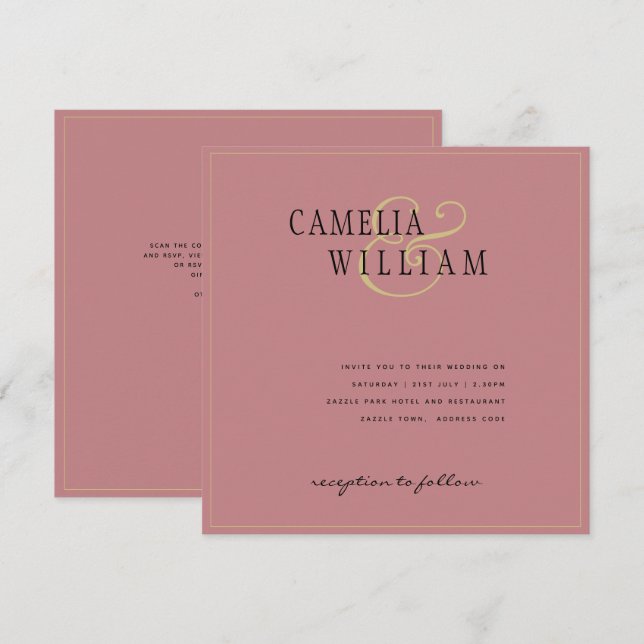 Moderne Dusty Rose Pink Hochzeitseinladung (Vorne/Hinten)