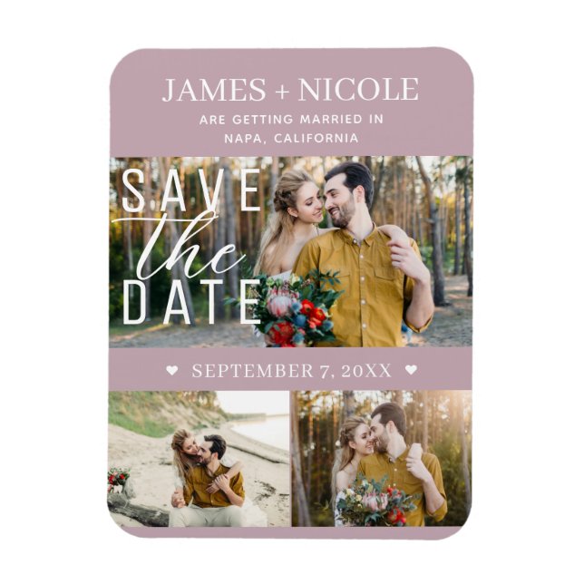 Moderne Dusty Rose Save the Date Hochzeit 3 Fotos Magnet (Vertikal)