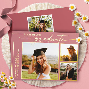 Moderne Dusty Rose Schrift Graduierten Foto Abschl Folieneinladung