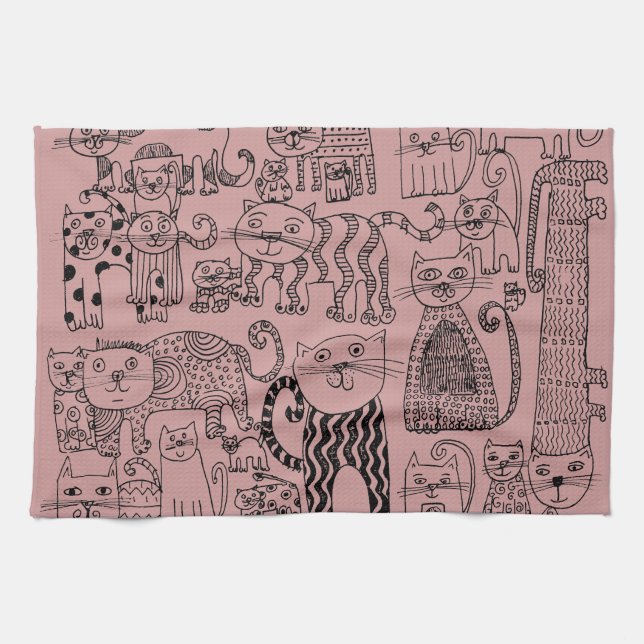 Moderne Dusty Rose Süße Katzen Muster Geschirrtuch (Horizontal)