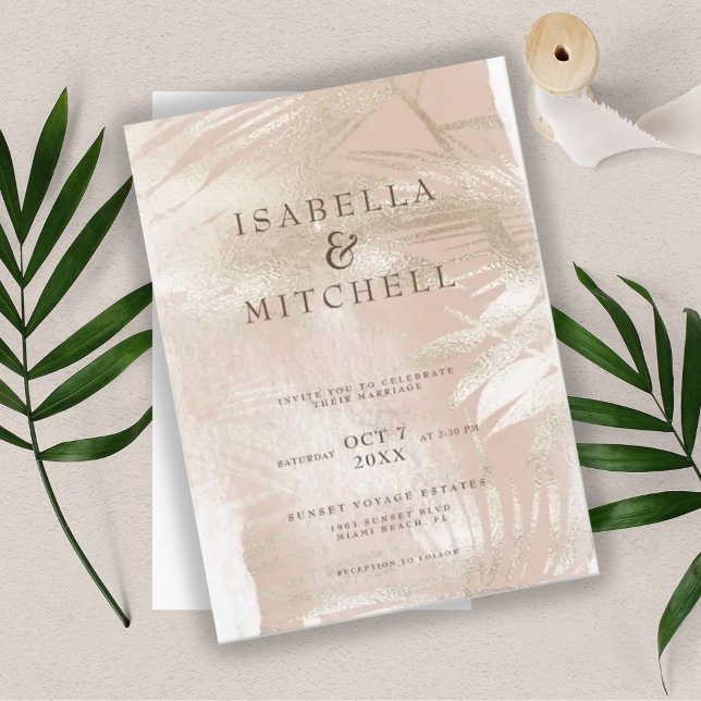 Moderne Dusty Rose und Gold Tropical Palm Wedding Einladung (Von Creator hochgeladen)