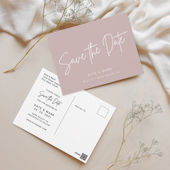 Moderne Dusty Rose Wedding Save the Date Postkarte (Von Creator hochgeladen)
