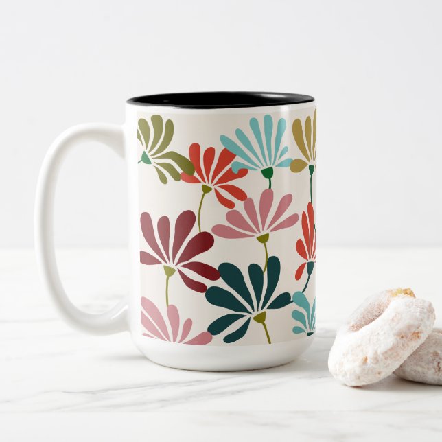 Moderne, dynamische Blume Zweifarbige Tasse (Mit Donut)