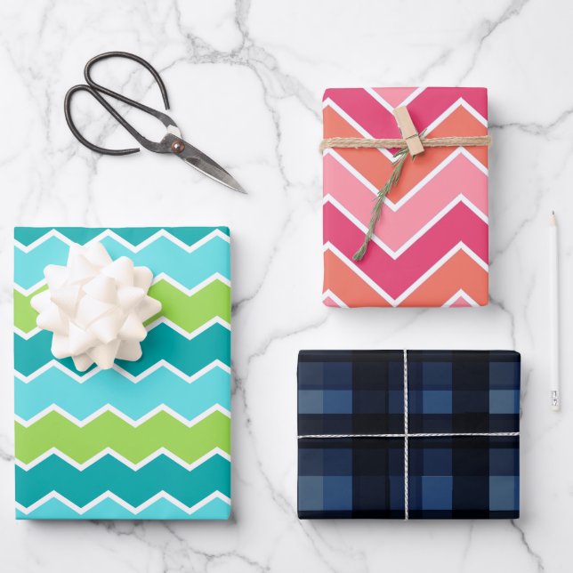 Moderne, dynamische Zigzag Zickzack Classic Karier Geschenkpapier Set (Vorderseite)