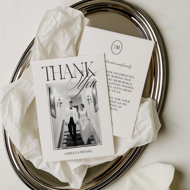 Moderne Editorials Fotohochzeit Dankeskarte (Modern Editorial Script Photo Wedding Thank You Card)