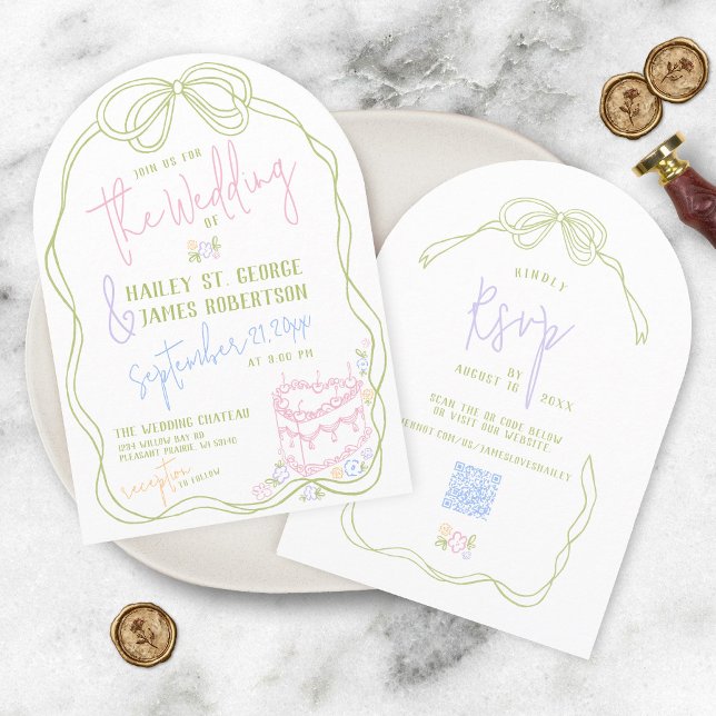 Moderne, eigenhändig gezeichnete Bogen PASTEL-weiß Einladung (All-in-one quirky modern retro hand drawn written bow cake floral wedding invitation QR code RSVP)