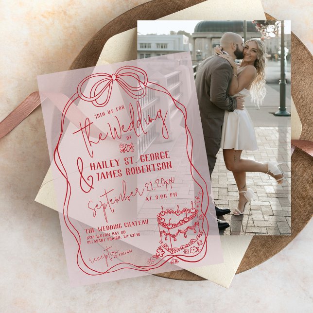 Moderne, eigenhändig gezeichnete Bow PINK Retro-Ho (Unique modern quirky hand drawn written pink & red bow frame cake wedding invitation vellum overlay)