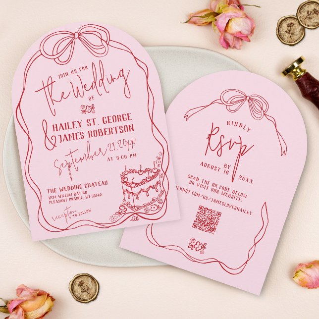 Moderne, eigenhändig gezeichnete Bow PINK Retro-Ho Einladung (Retro modern hand drawn pink & red elegant coquette bow floral vintage cake wedding invitation)