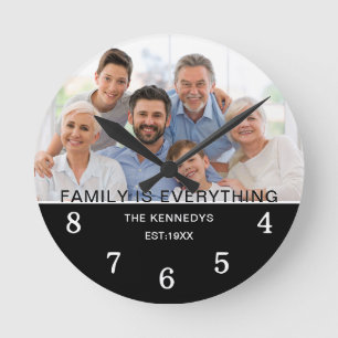 Moderne Ein Foto Familienname zitiert Schwarz und  Runde Wanduhr
