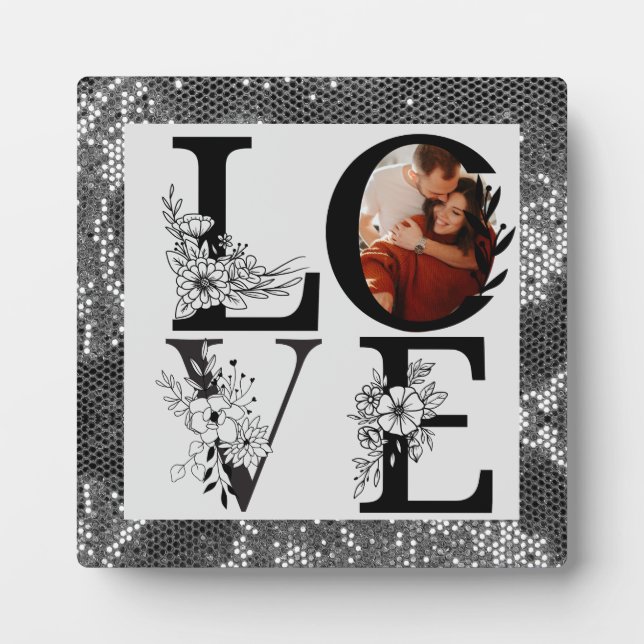 Moderne Ein Foto florale Glitzer Valentine Fotoplatte (Vorderseite)