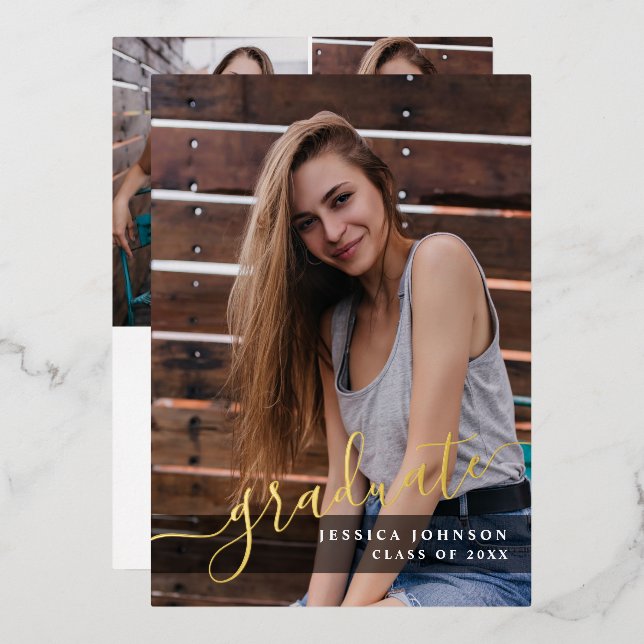 Moderne, einfache 4-FOTO-Graduierungsparty Gold Folieneinladung (Vorderseite/Rückseite)