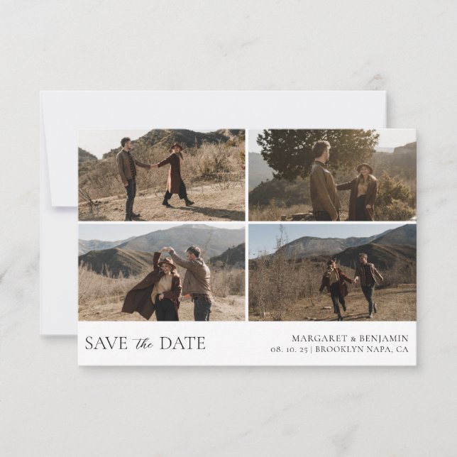 Moderne, einfache 4-Foto Hochzeit Save The Date (Vorderseite)