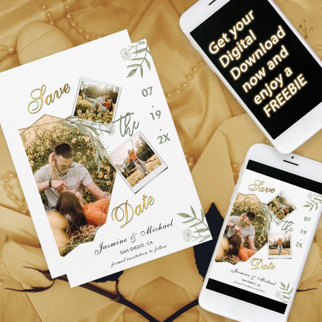 Moderne Einfache Add-Fotos Sage Green Elegante Gol Save The Date (Von Creator hochgeladen)