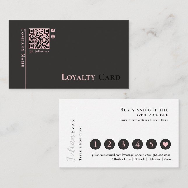 Moderne einfache Black Pink QR Code Loyalty Card Visitenkarte (Vorne/Hinten)