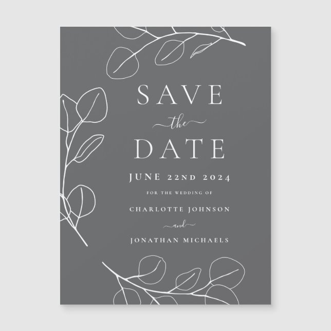 Moderne, einfache Blätter Gray Wedding Magnetkarte (Vorderseite)