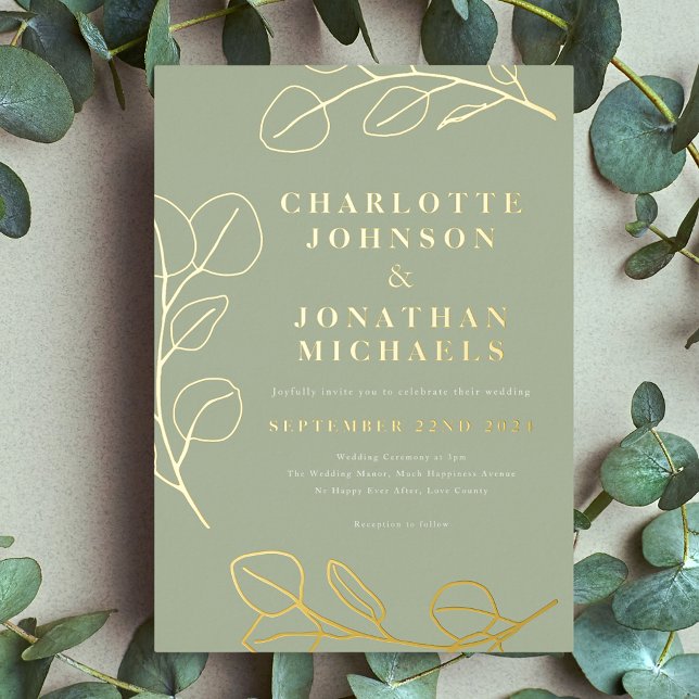 Moderne, einfache Blätter zeigen Grün und Gold Folieneinladung (Minimalist leaves Stylish sage green and gold foil wedding invitation )