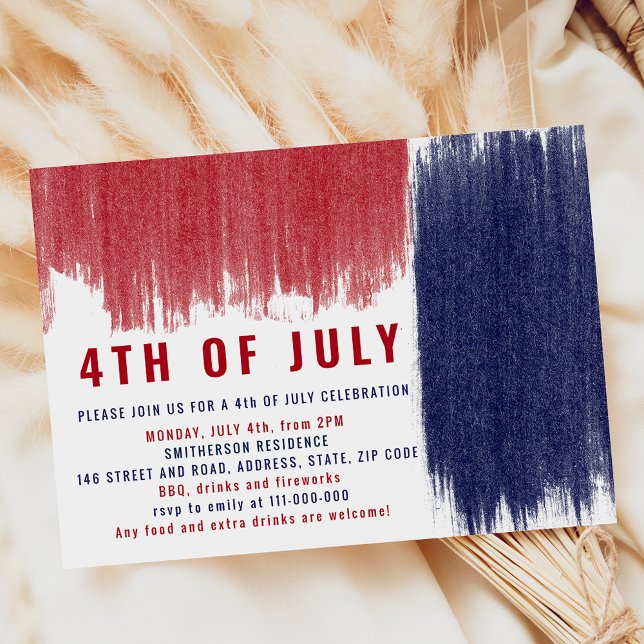 Moderne, einfache blaue Pinselstriche 4. Juli Einladung (Modern simple blue red brushstrokes 4th of July Invitation)