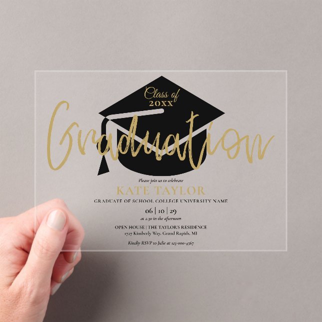 Moderne, einfache Gold-Script-Graduierungspartei Acryleinladungen (Insitu (Handheld))