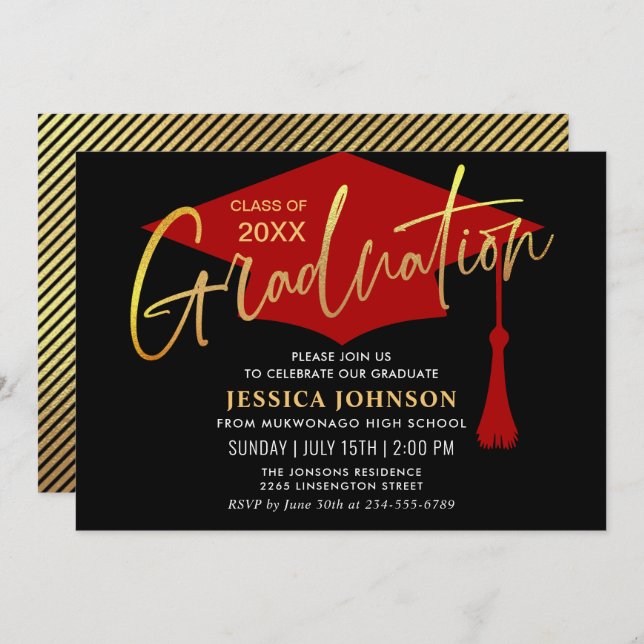 Moderne, einfache Goldene Graduierungspartei Einladung (Vorne/Hinten)