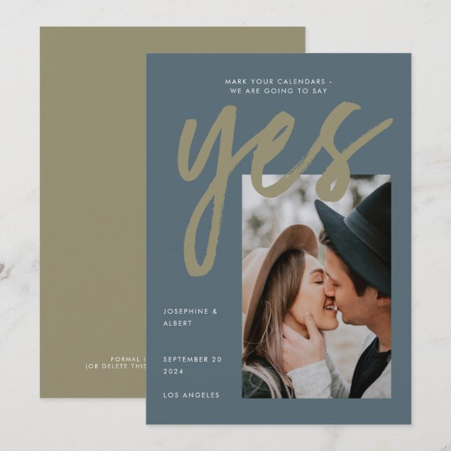Moderne, einfache, graue Olive Big Script Foto Hoc Save The Date (Vorne/Hinten)