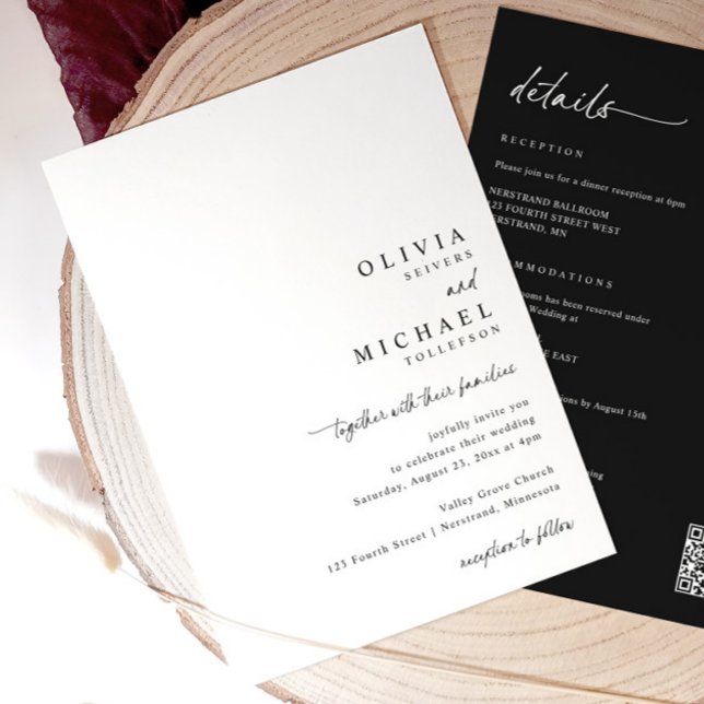 Moderne einfache Handschrift Alles in einem Hochze Einladung (Minimalist black and white wedding invite with right-aligned handwritten script and QR code on back)