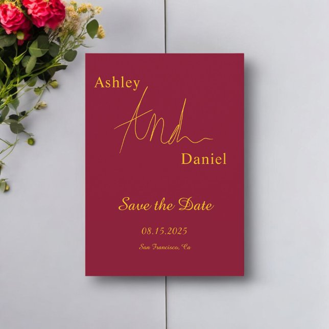 Moderne, einfache Hochzeit in Burgund und Gold Save The Date (Von Creator hochgeladen)