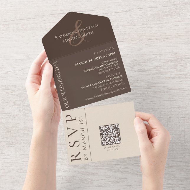 Moderne einfache Hochzeitslandschaft braun All In One Einladung (Abreißen)