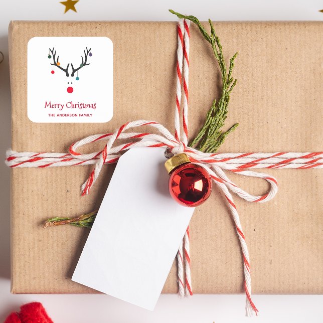 Moderne, einfache, lustige Weihnachtsrinder weiß Quadratischer Aufkleber (Von Creator hochgeladen)