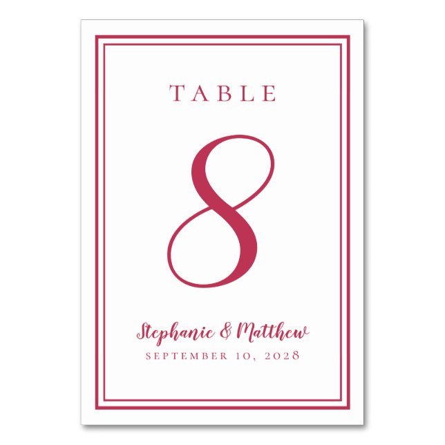 Moderne einfache Magenta Red Wedding Custom Trendy Tischnummer (Vorderseite)