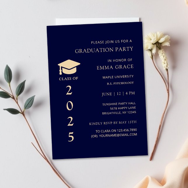 Moderne einfache Marine- und Gold-Graduierungspart Einladung (class of 2025 graduation invitations,graduation party invitations,graduation invites, graduate invit)
