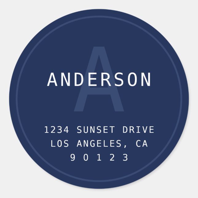 Moderne einfache Monogramm-Adresse | Navy Blue & W Runder Aufkleber (Vorderseite)