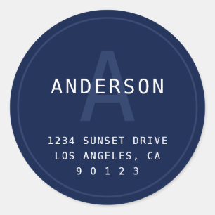 Moderne einfache Monogramm-Adresse Navy Blue & W Runder Aufkleber