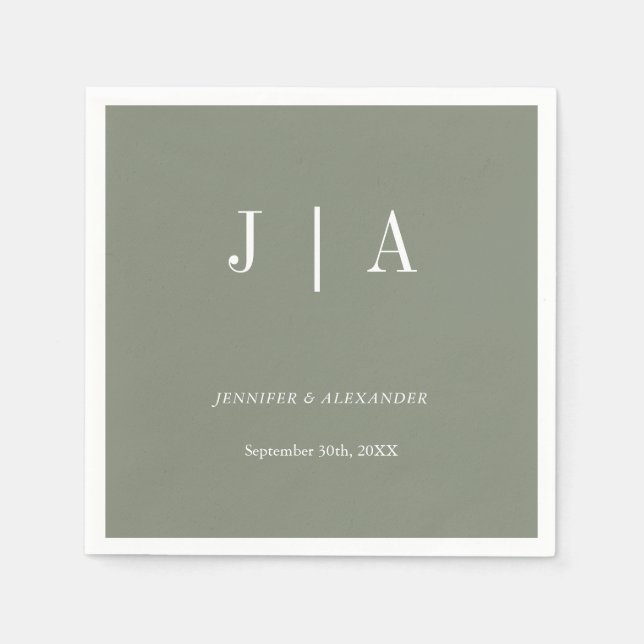 Moderne einfache Monogramm Sage Green White Weddin Serviette (Vorderseite)