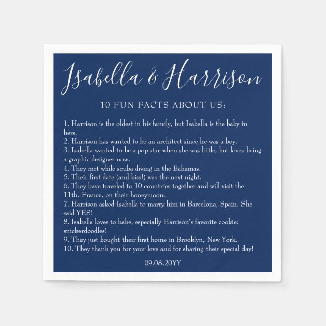 Moderne einfache Navy Blue Fun Fakten Hochzeiten v Serviette (Vorderseite)
