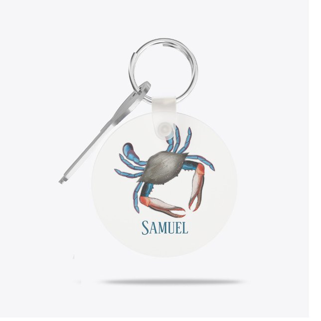Moderne einfache Ozeane Blue Crab Nautical Coastal Schlüsselanhänger (Personalized watercolor ocean blue crab keychain with coastal style.)