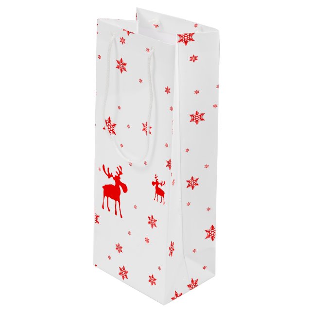 Moderne, einfache Red Moose Snowflakes Geschenktüte Für Weinflaschen (Vorderseite Schrägansicht)