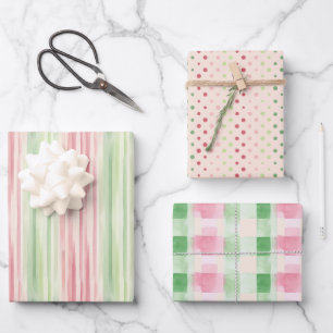 Moderne, einfache Rosa und grüne Farbe Geschenkpapier Set