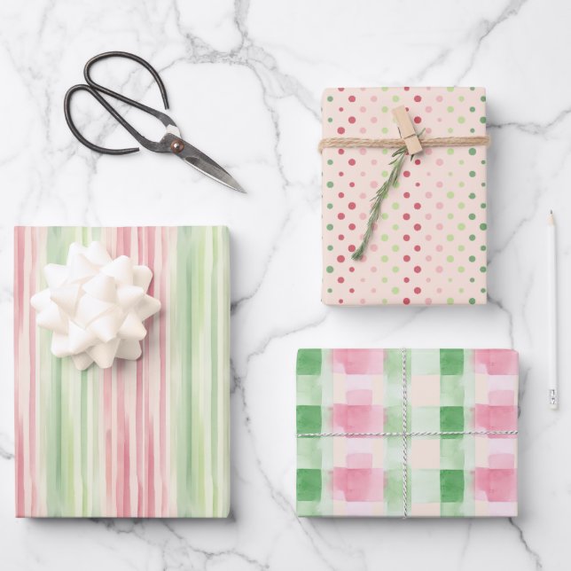 Moderne, einfache Rosa und grüne Farbe Geschenkpapier Set (Vorderseite)