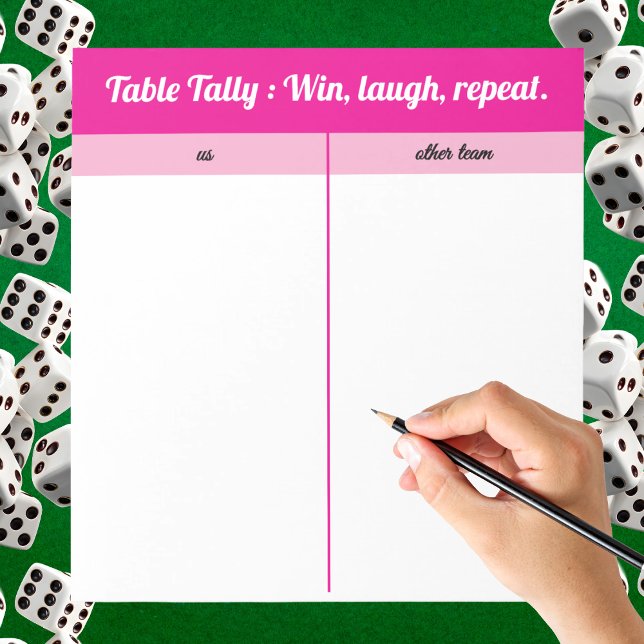 Moderne, einfache rosa, weiße Bunco-Tal Notizblock (Pink & white Bunco tally sheet with “Win, Laugh, Repeat” saying. Easy to read, score & play!)