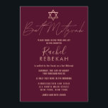 Moderne einfache Rose Gold Burgund Red Bat Mitzvah Einladung<br><div class="desc">Diese elegante, minimalistische und schicke Bat Mitzvah Einladung ist die perfekte Wahl für Ihre Tochter an ihrem besonderen Tag. Es zeichnet sich durch ein schlichtes und modernes Imitat Rose Gold Typografie Design mit dem Stern von David auf einem bordeauxroten Hintergrund aus. Es ist ein schönes, zeitgenössisches und stilvolles Design, dieses...</div>