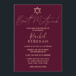 Moderne einfache Rose Gold Burgund Red Bat Mitzvah Einladung<br><div class="desc">Diese elegante, minimalistische und schicke Bat Mitzvah Einladung ist die perfekte Wahl für Ihre Tochter an ihrem besonderen Tag. Es zeichnet sich durch ein schlichtes und modernes Imitat Rose Gold Typografie Design mit dem Stern von David auf einem bordeauxroten Hintergrund aus. Es ist ein schönes, zeitgenössisches und stilvolles Design, dieses...</div>