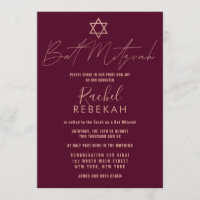 Moderne einfache Rose Gold Burgund Red Bat Mitzvah